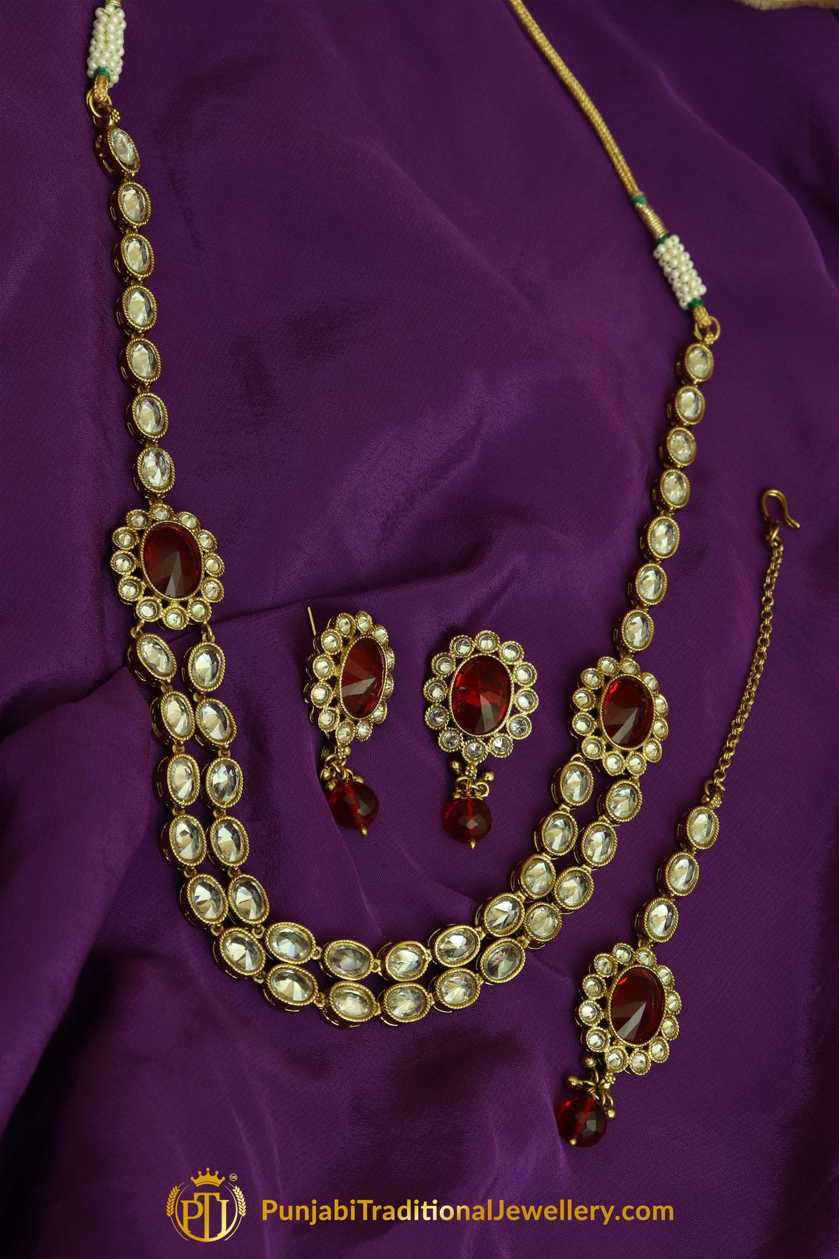 Red Polki Necklace Set By Punjabi Traditional Jewellery