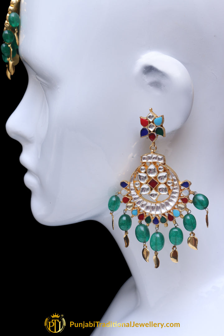 Multi Pippal Patti Kundan Earring Tikka Set By Punjabi Traditional Jewellery