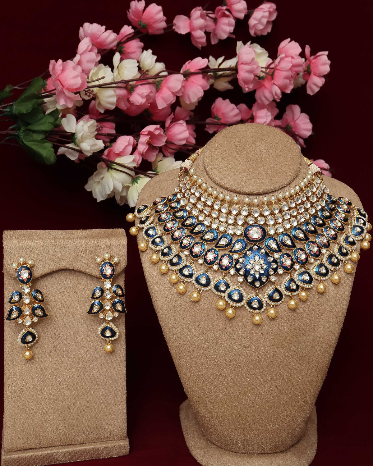 Hand Painted Blue Meena Kundan Pearl Necklace Set | Punjabi Traditional Jewellery Exclusive
