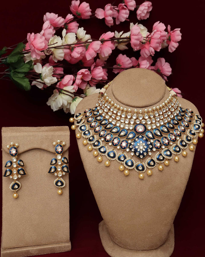 Hand Painted Blue Meena Kundan Pearl Necklace Set | Punjabi Traditional Jewellery Exclusive