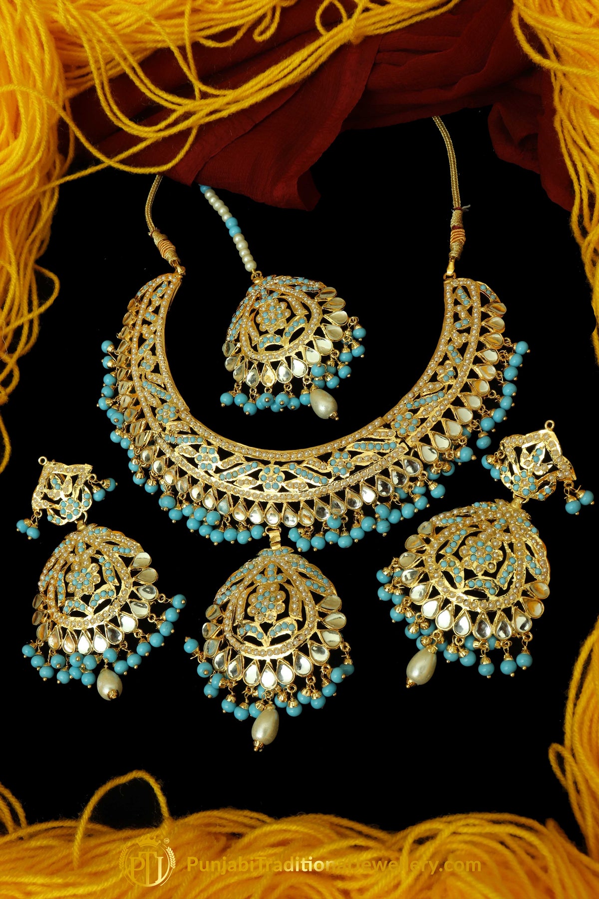 Firozi Kundan Jadau Necklace Set By Punjabi Traditional Jewellery