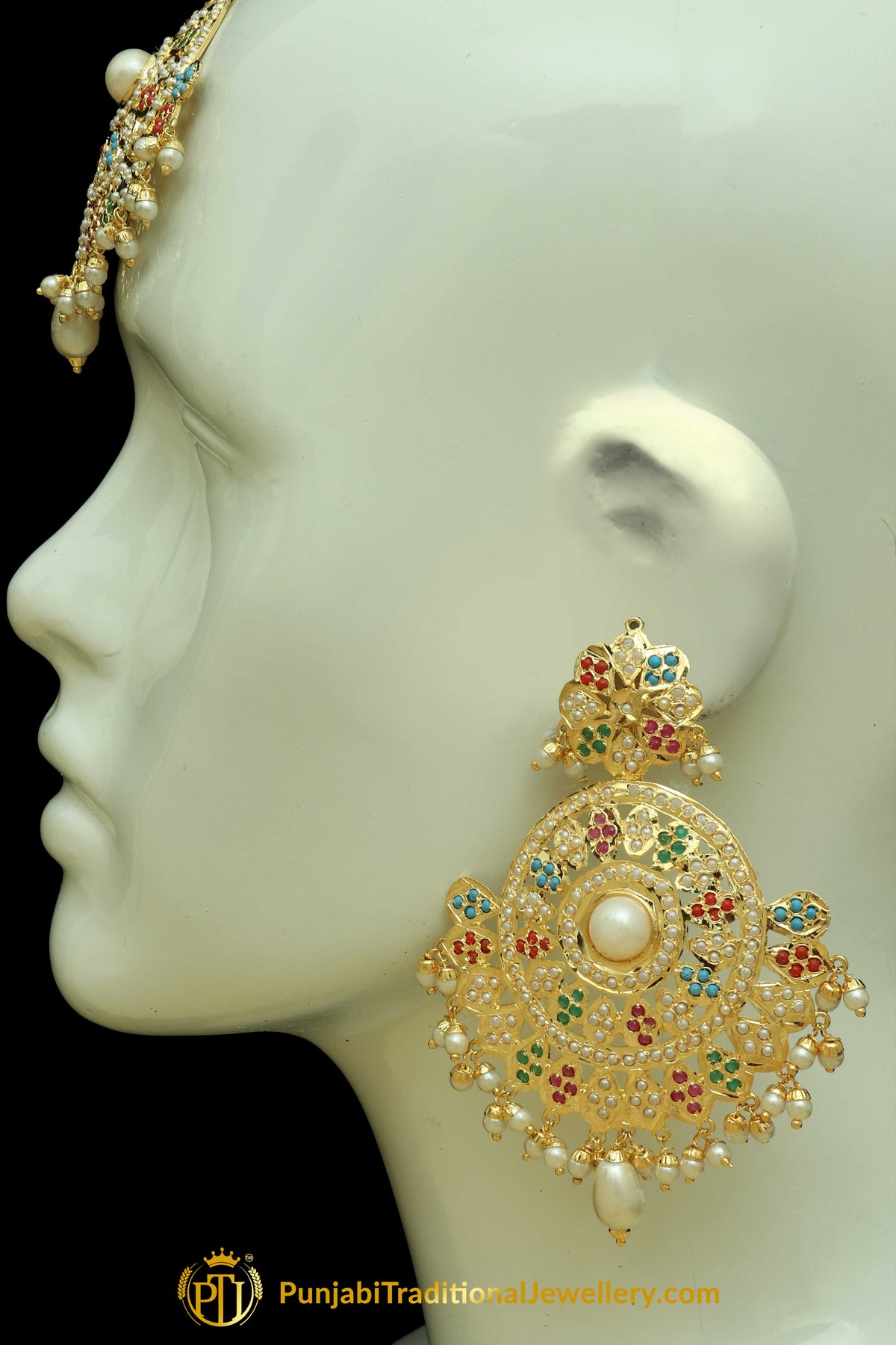 Multi Jadau Pearl Earring Tikka Set By Punjabi Traditional Jewellery
