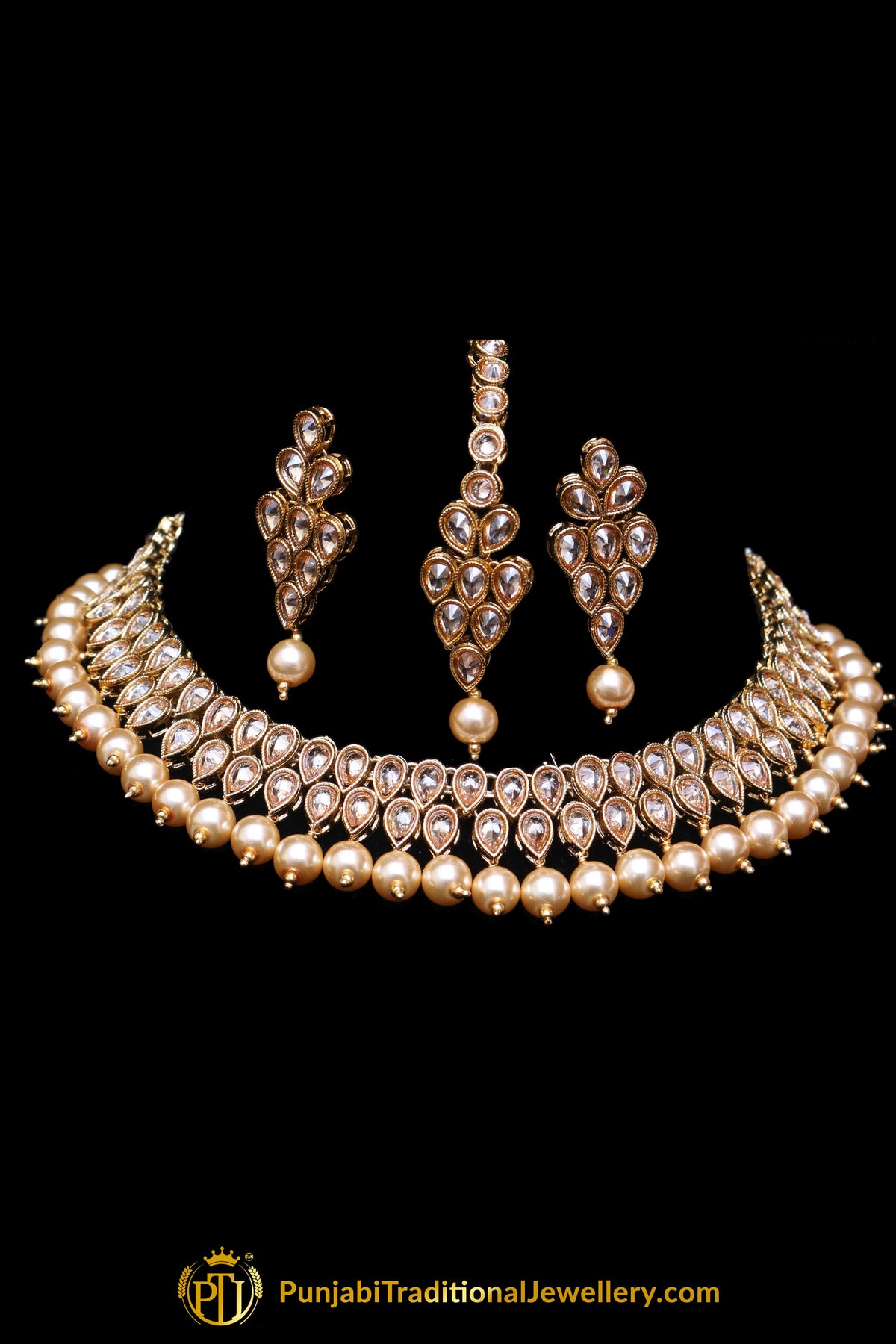 Pearl Champagne Stone Necklace Set By Punjabi Taditional Jewellery