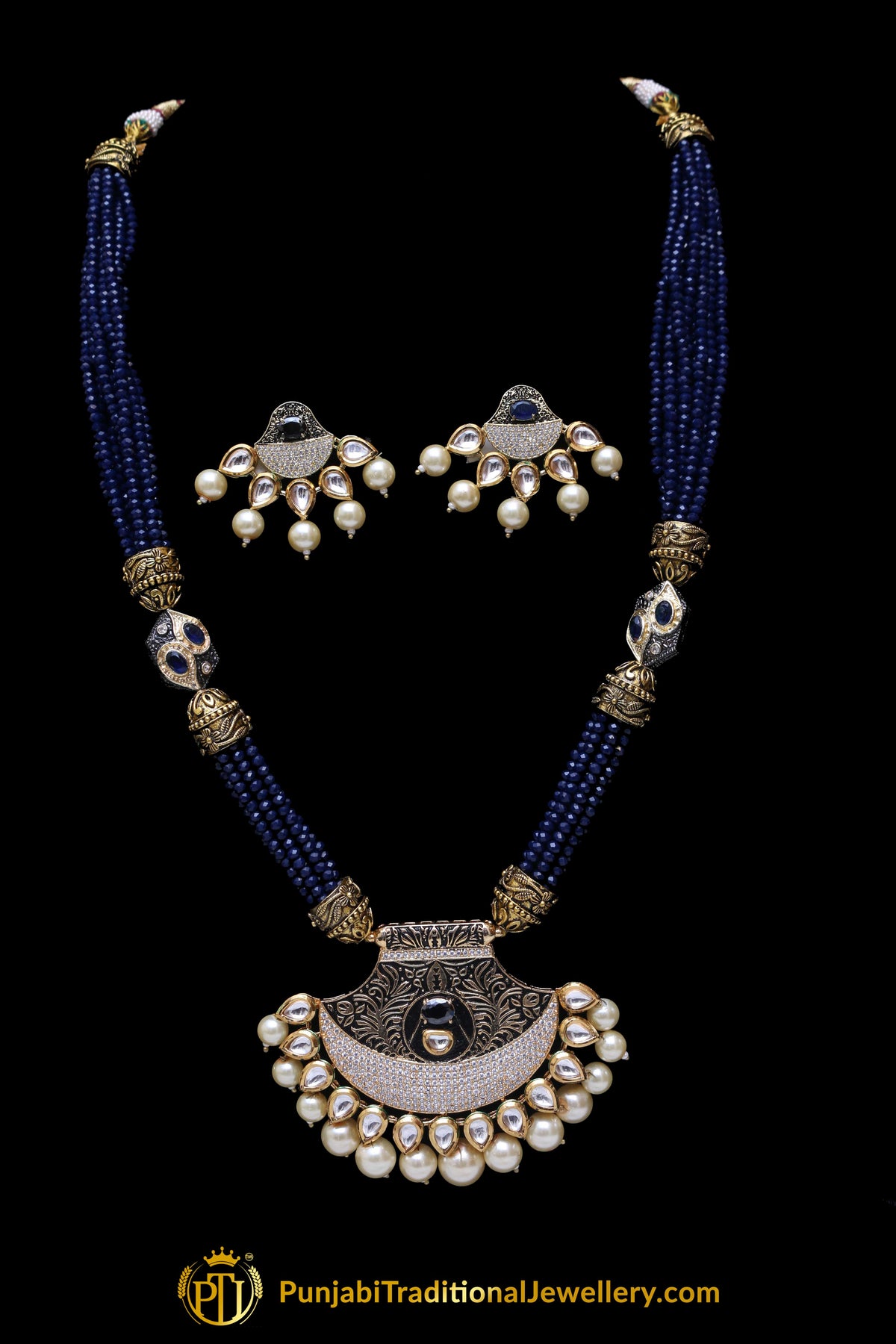 Blue Kundan Mala Meena Necklace Set By Punjabi Traditional Jewellery