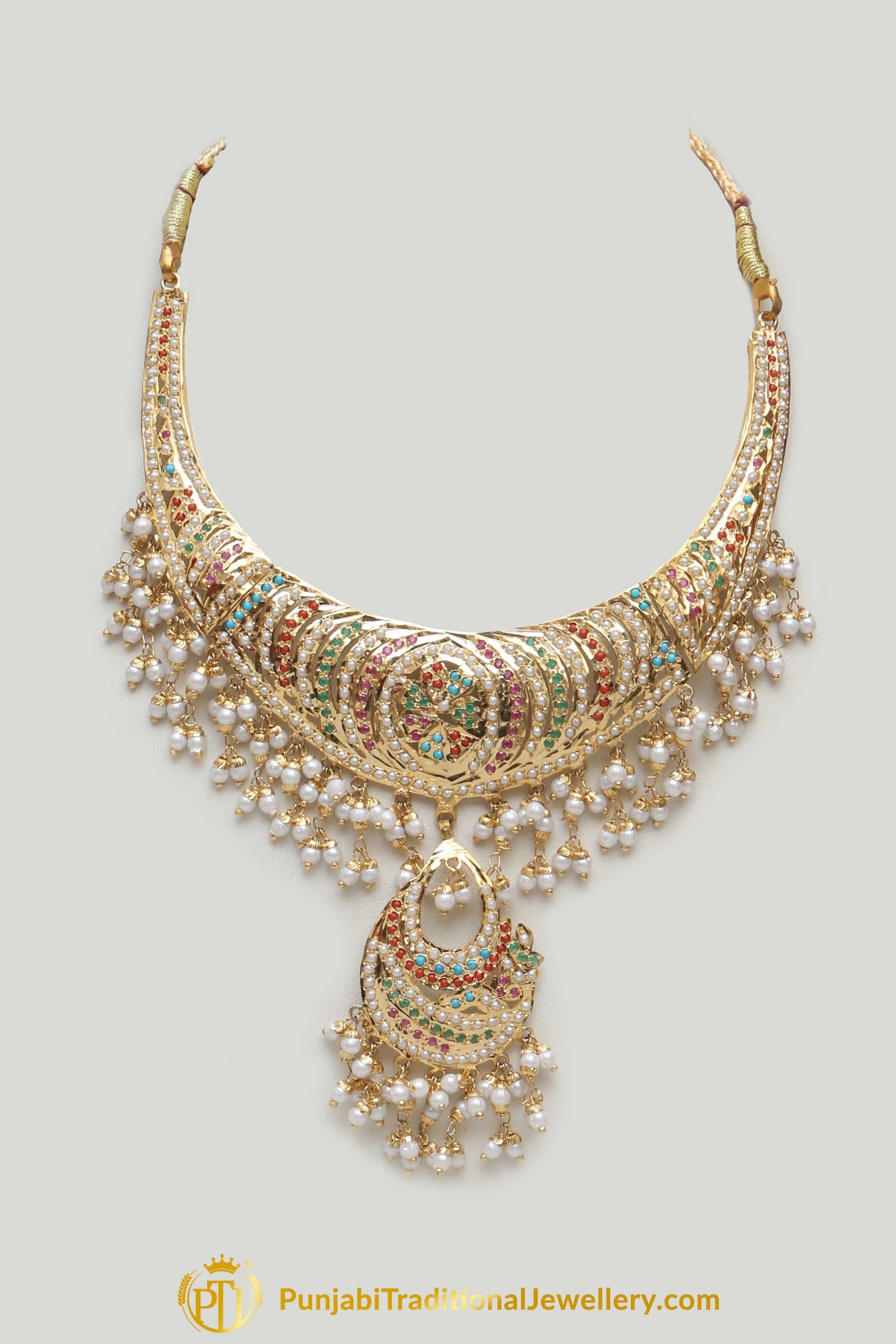 Multi Jadau Pearl Necklace Set By Punjabi Traditional Jewellery