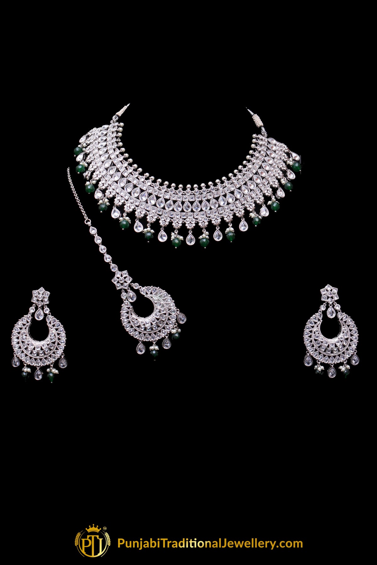 Green Polki Necklace Set By Punjabi Traditional Jewellery