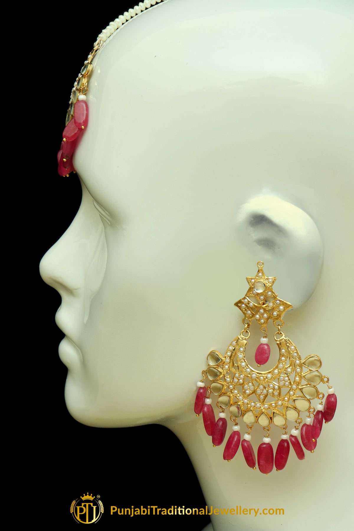 Maroon Jadau Earrings Tikka Set By Punjabi Traditional Jewellery