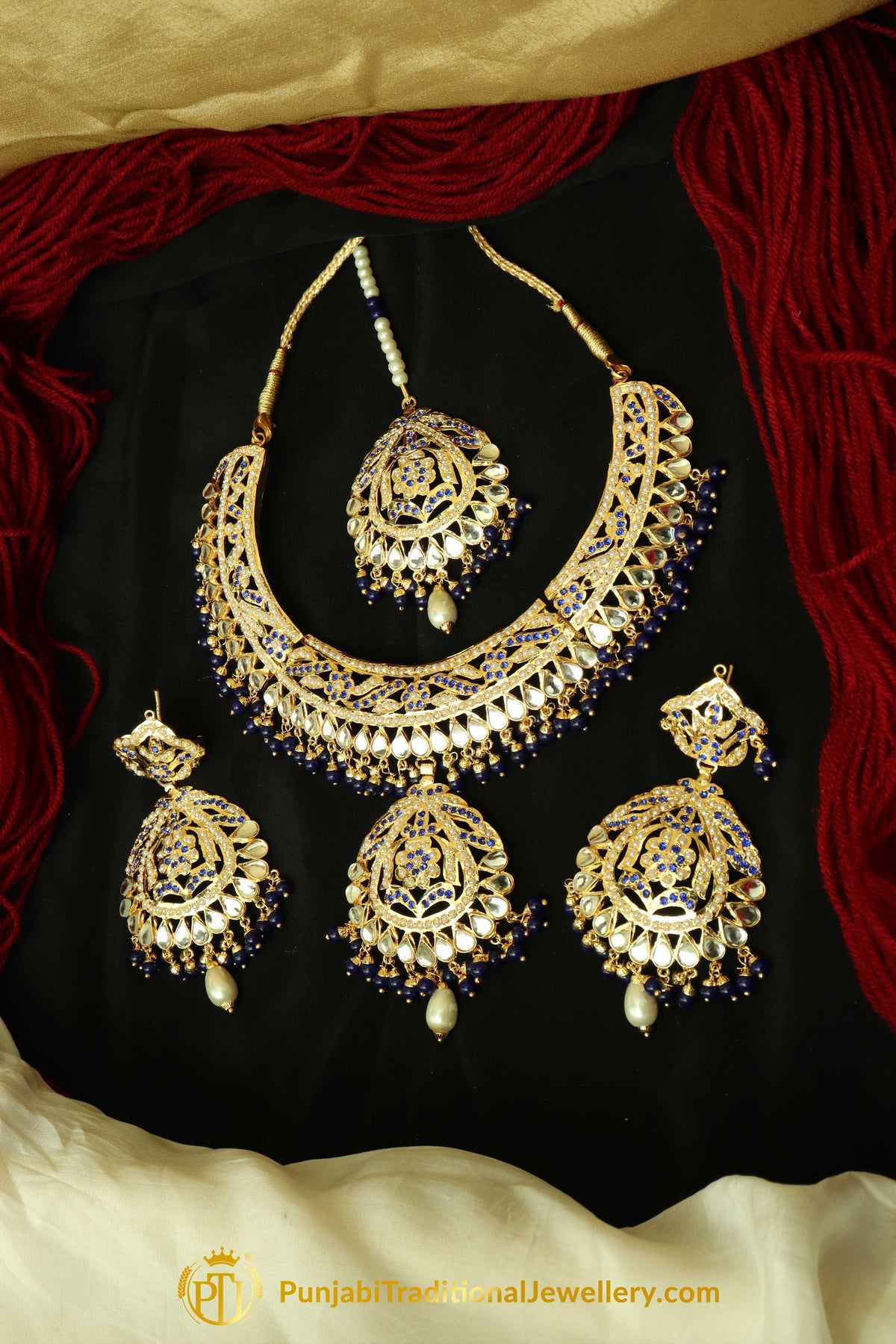 Blue Jadau Necklace Set By Punjabi Traditional Jewellery