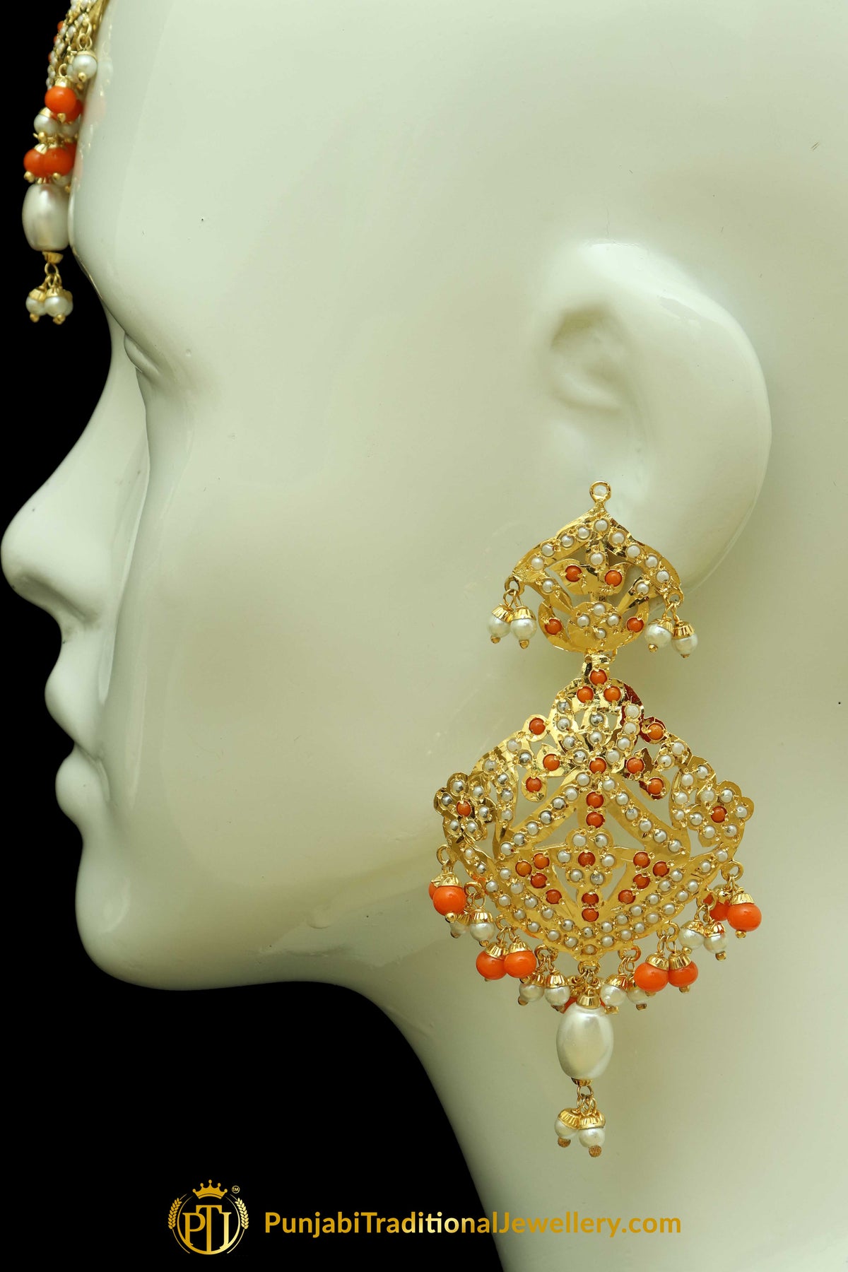 Gold Finished Oragne Jadau Earring Tikka Set By Punjabi Traditional Jewellery