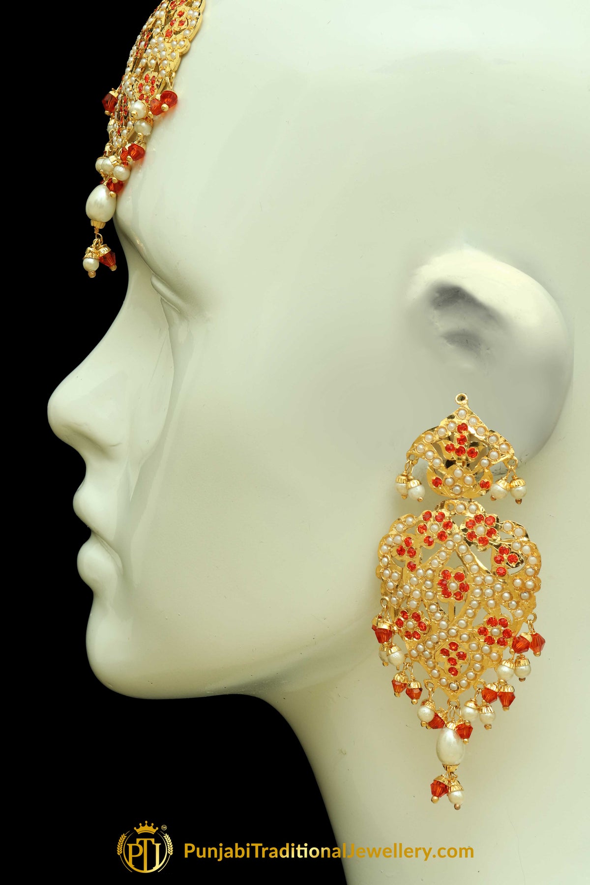 Orange Jadau Pearl Earring Tikka Set By Punjabi Traditional Jewellery