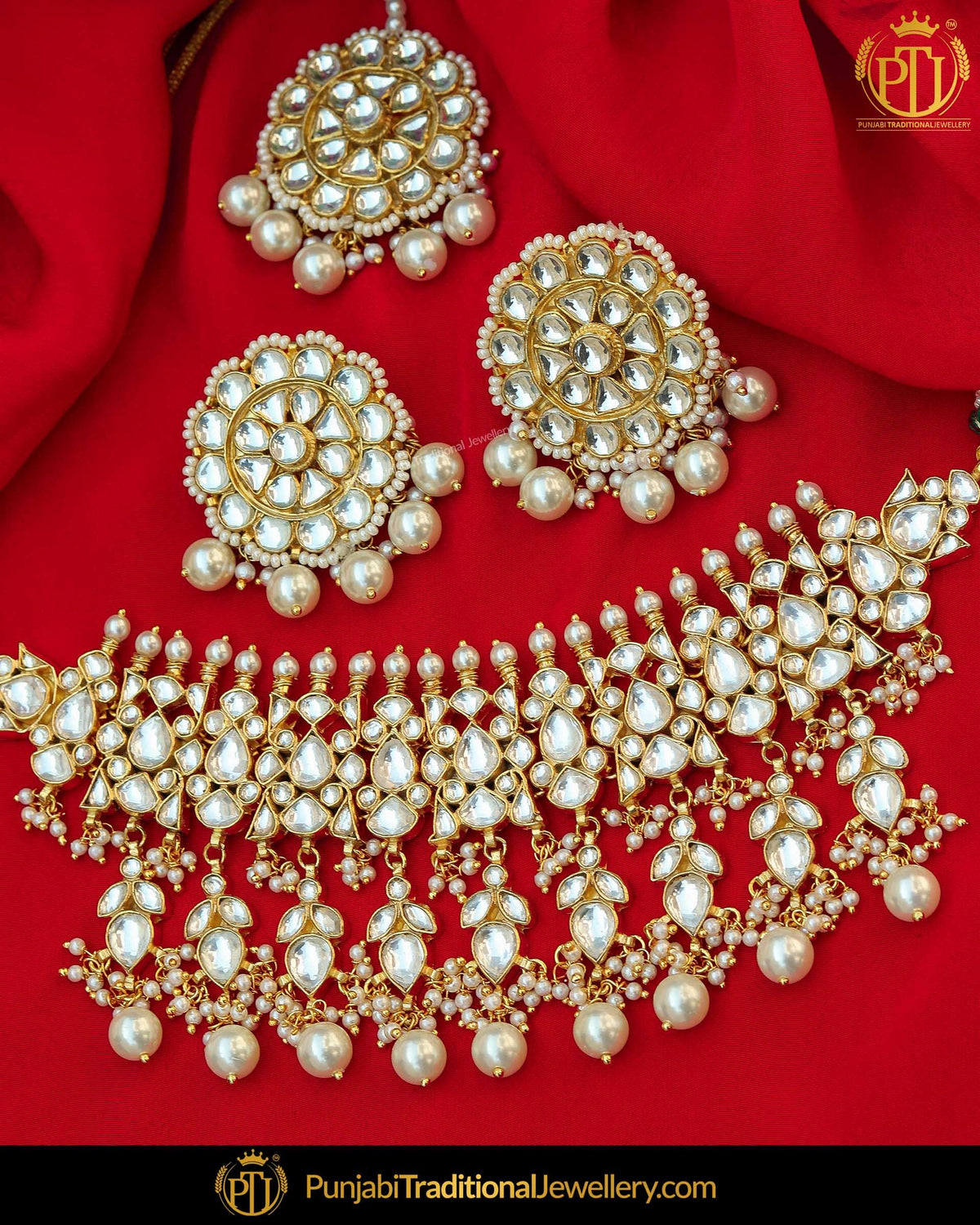 Antique Gold Finished Kundan Pearl Necklace & Stud Earring Tikka Set | Punjabi Traditional Jewellery Exclusive