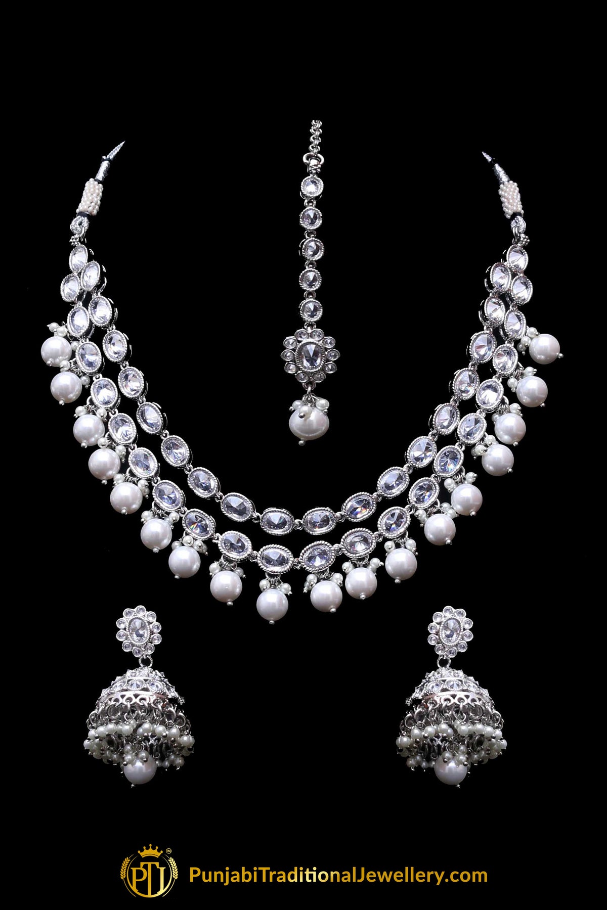 Silver Polki Pearl Necklace Set By Punjabi Traditional Jewellery