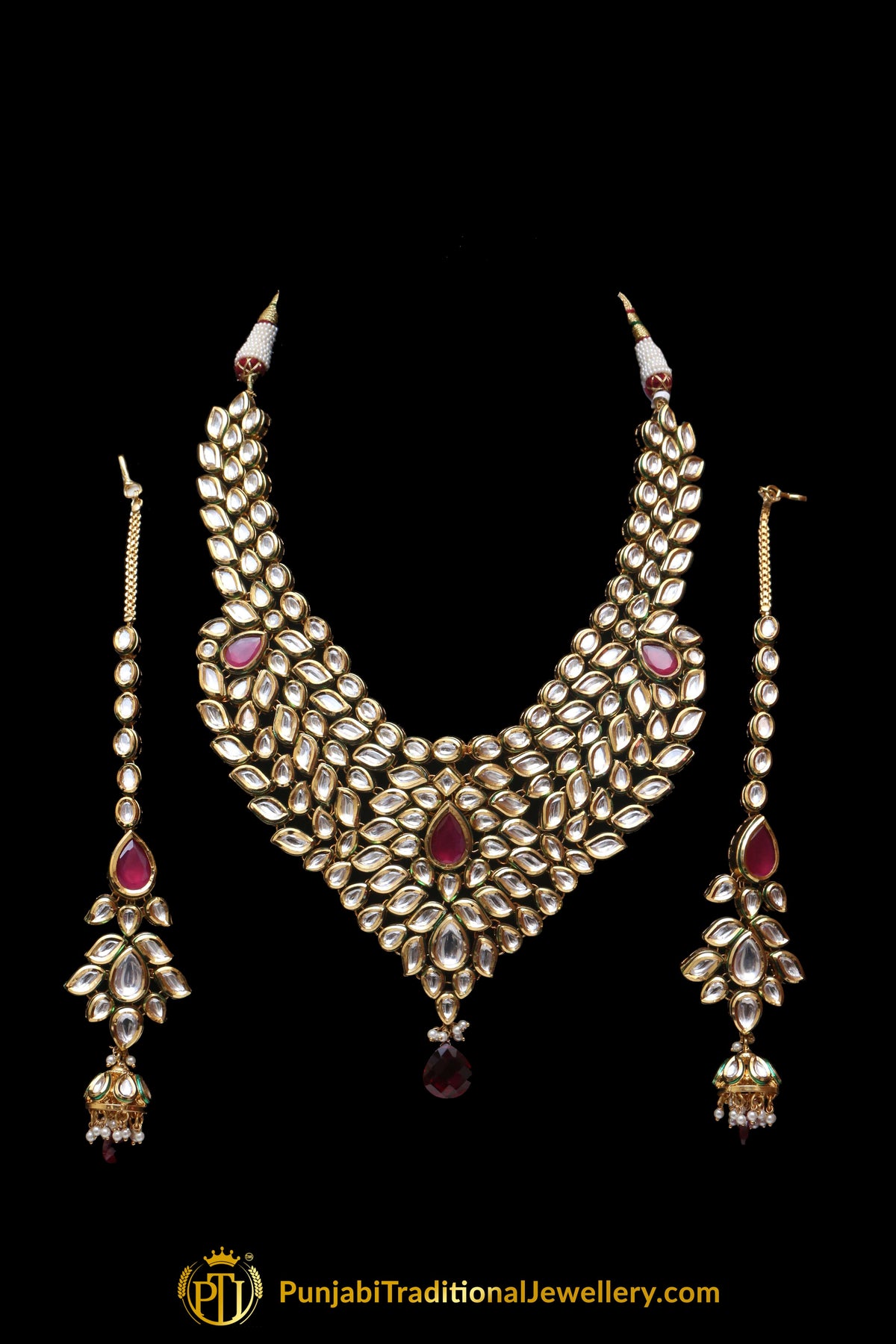 Kundan Necklace Set With Sahare Earrings Red Color By Punjabi Traditional Jewellery