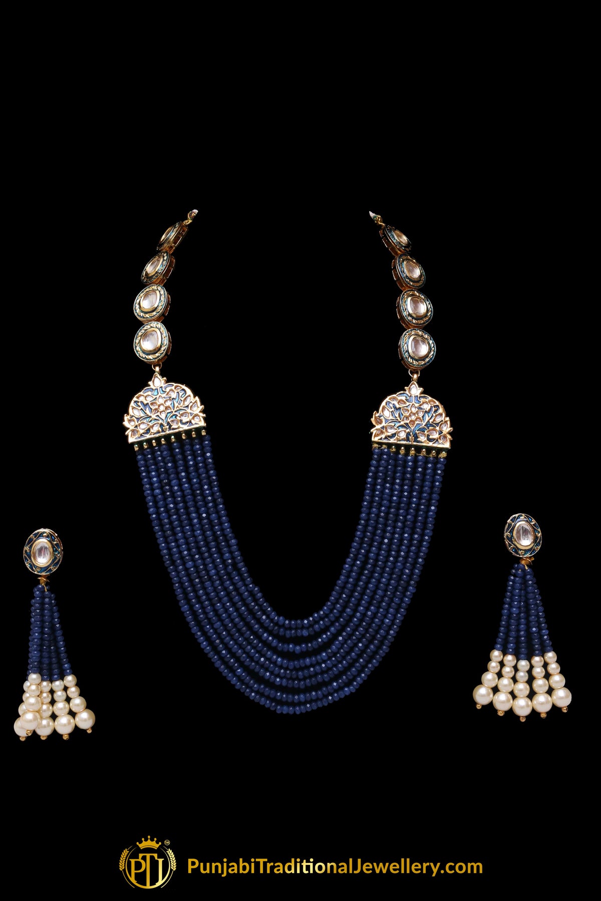 Blue Kundan Mala Meena Necklace Set By Punjabi Traditional Jewellery