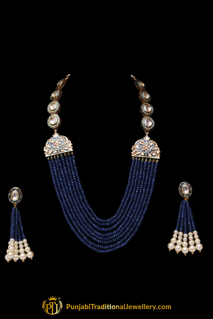 Blue Kundan Mala Meena Necklace Set By Punjabi Traditional Jewellery