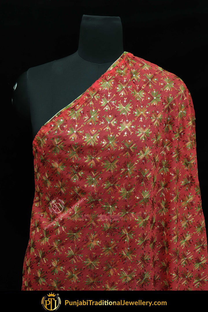 Red Color Pure Phulkari Dupatta By Punjabi Traditional Jewellery