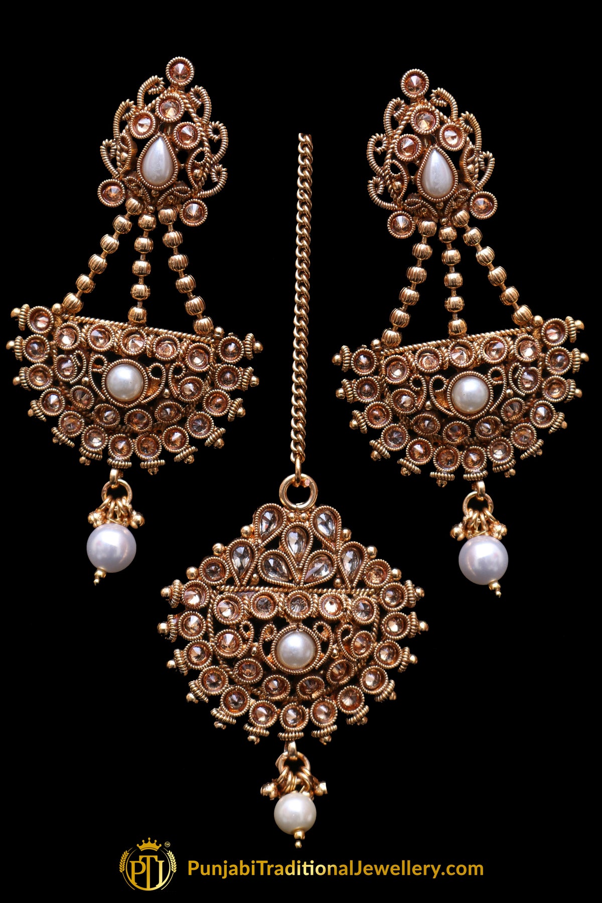 Champagne Stone Earring Tikka Set By Punjabi Traditional Jewellery