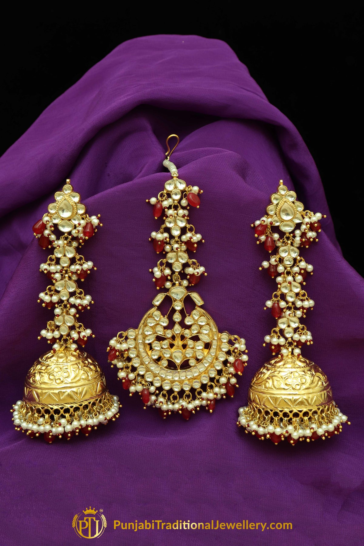 Ikram Gold Finished Pearl Rubby Jhumki Kundan Earring Tikka Set | Punjabi Traditional Jewellery Exclusive