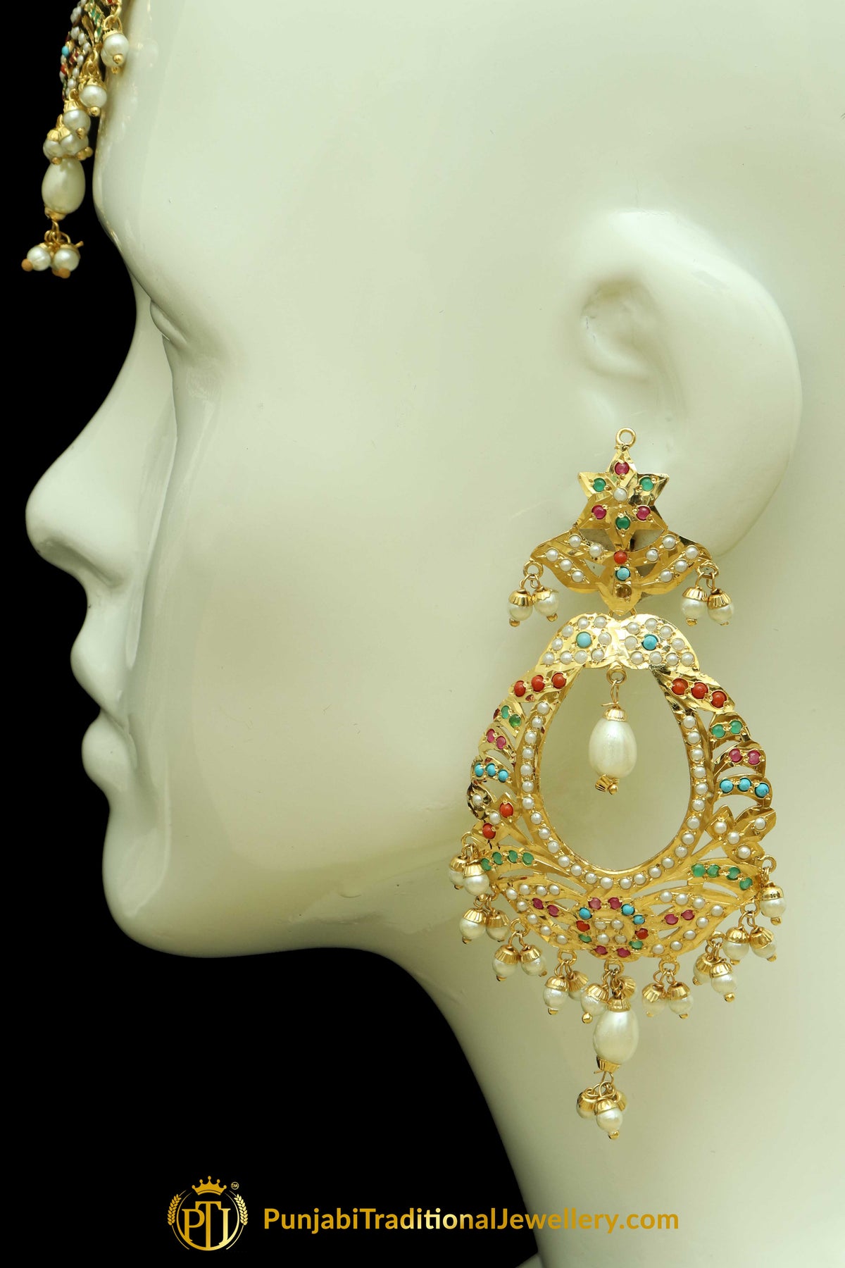 Gold Finished Navratan Jadau Earring Tikka Set By Punjabi Traditional Jewellery