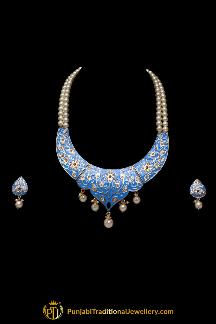 Blue Kundan Pearl Choker Necklace Set By Punjabi Traditional Jewellery