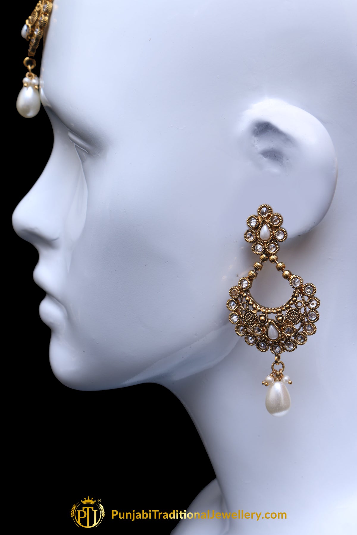 Polki Pearl Champagne Stone Earring Tikka Set By Punjabi Traditional Jewellery