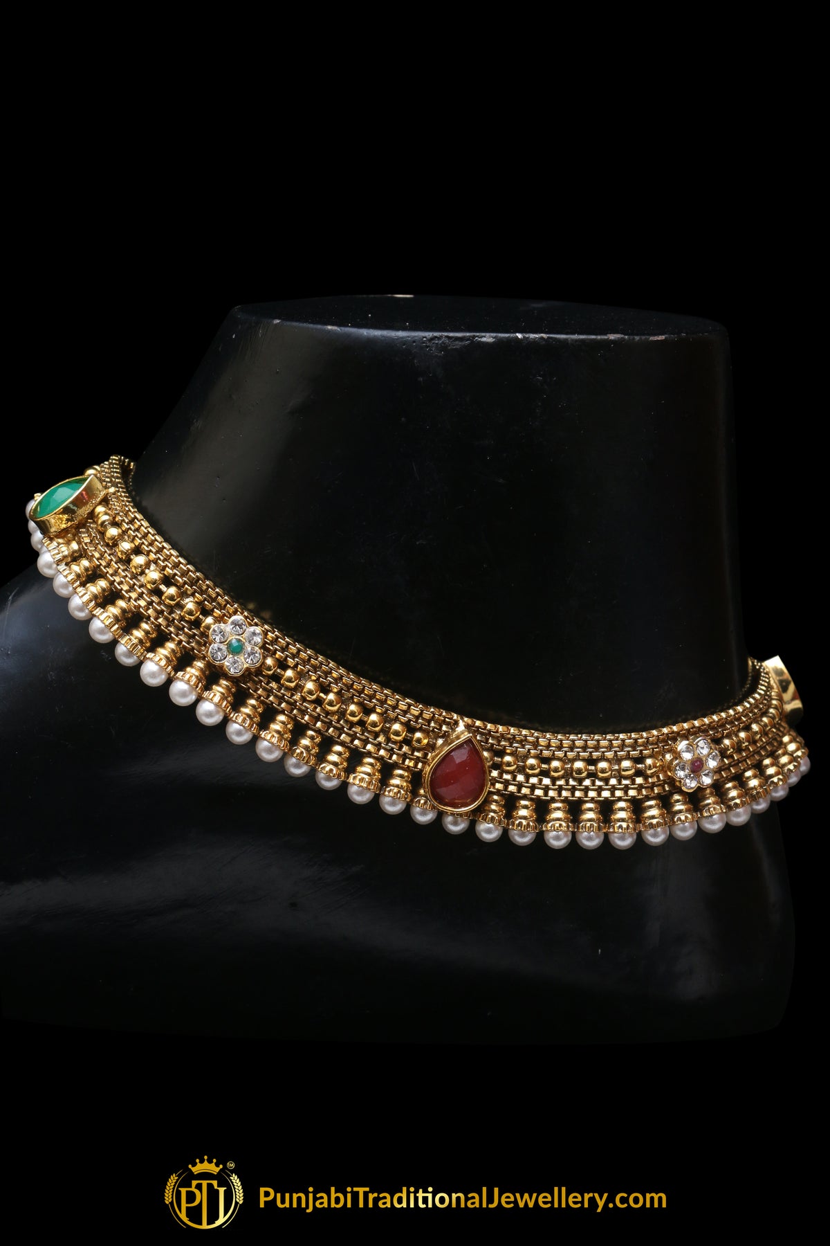 Red &  Green Antique Gold, Polki Payal By Punjabi Traditional Jewellery