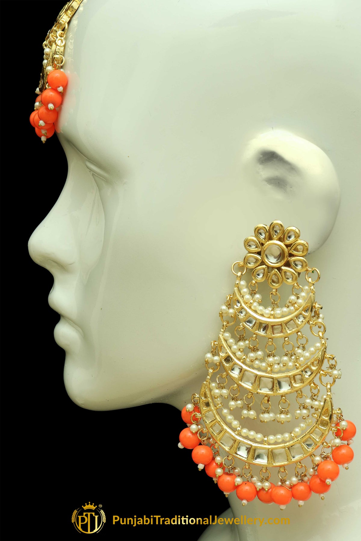 Orange Kundan Earring Tikka Set By Punjabi Traditional Jewellery
