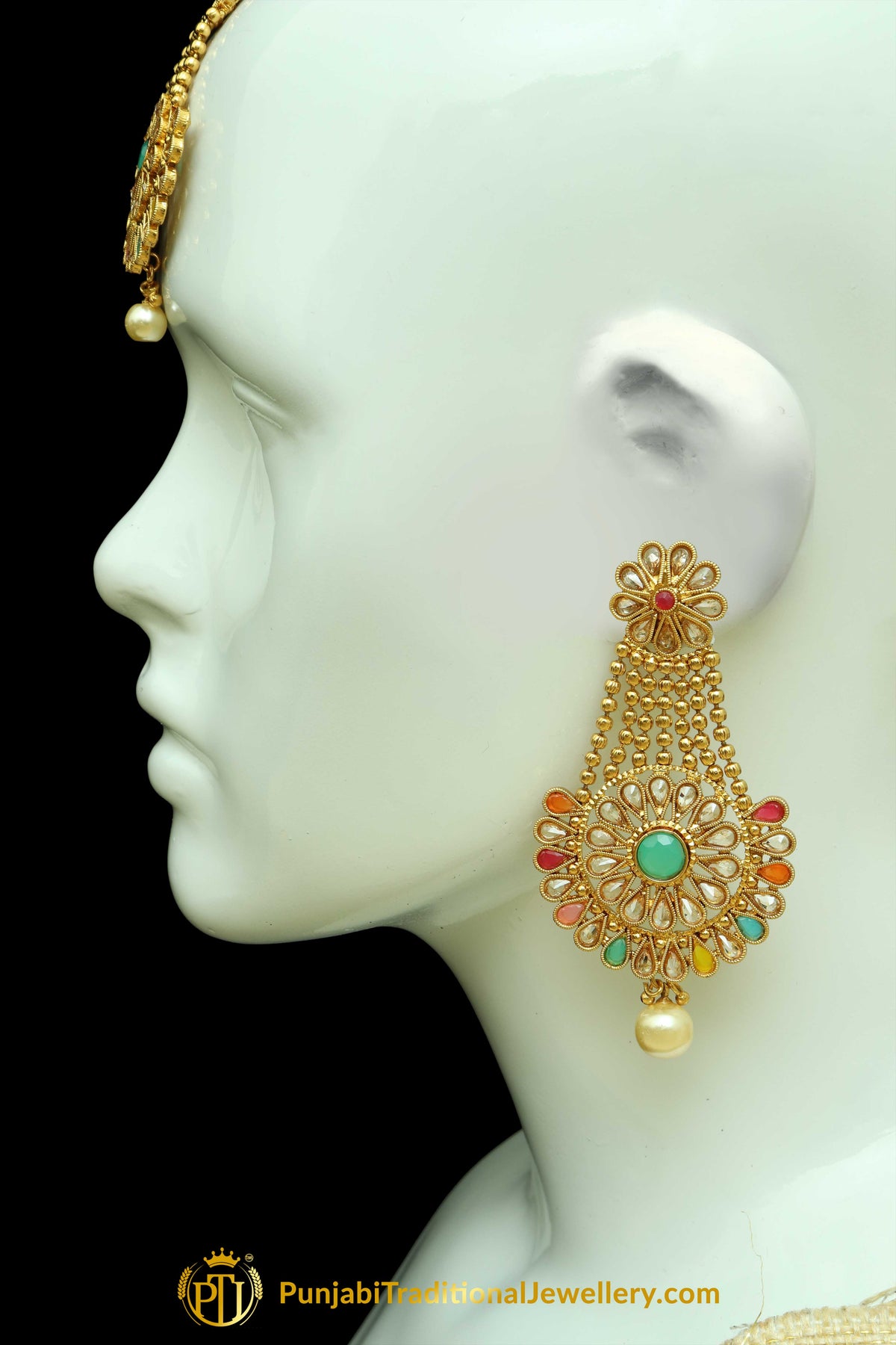 Multi Polki Pearl Earrings Tikka Set By Punjabi Traditional Jewellery