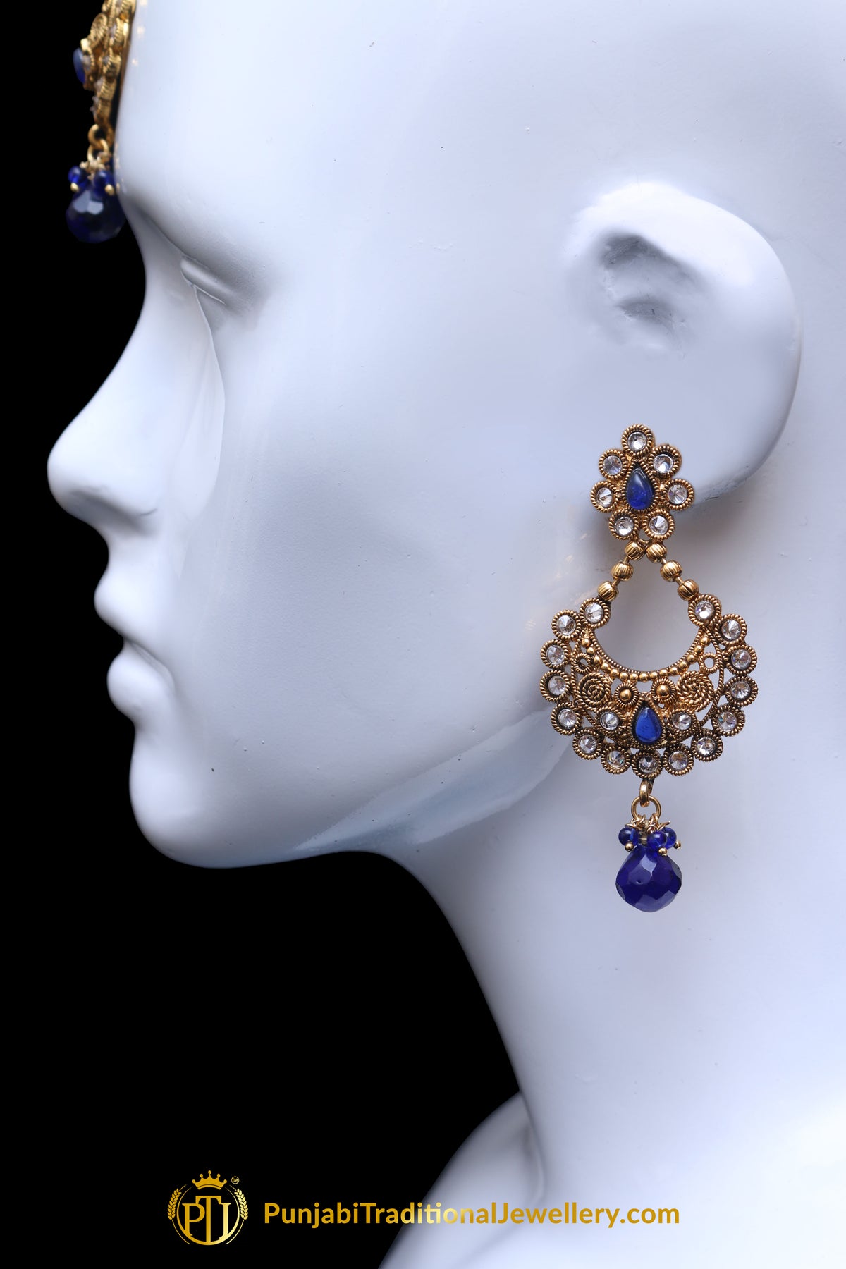 Blue Polki Earrings Tikka Set By Punjabi Traditional Jewellery