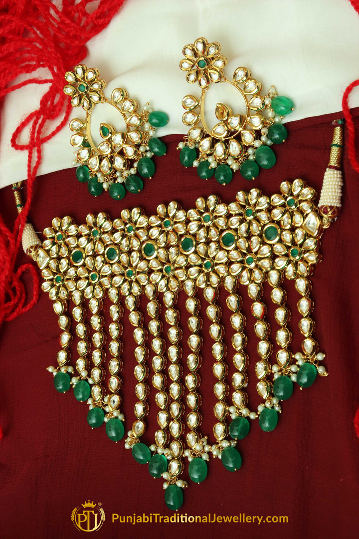 Green Pearl & Kundan Choker Necklace Set By Punjabi Traditional Jewellery