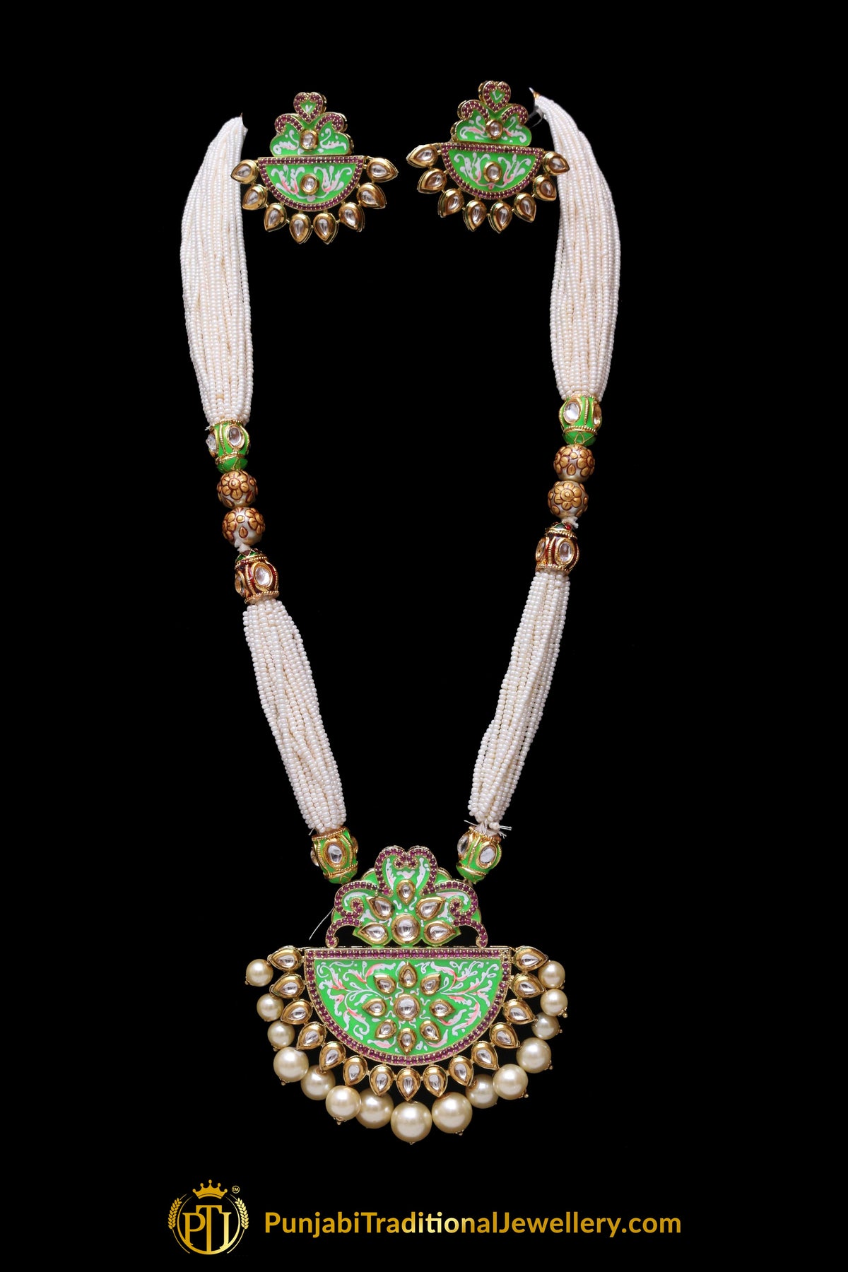 Green Kundan Mala Meena Necklace Set By Punjabi Traditional Jewellery