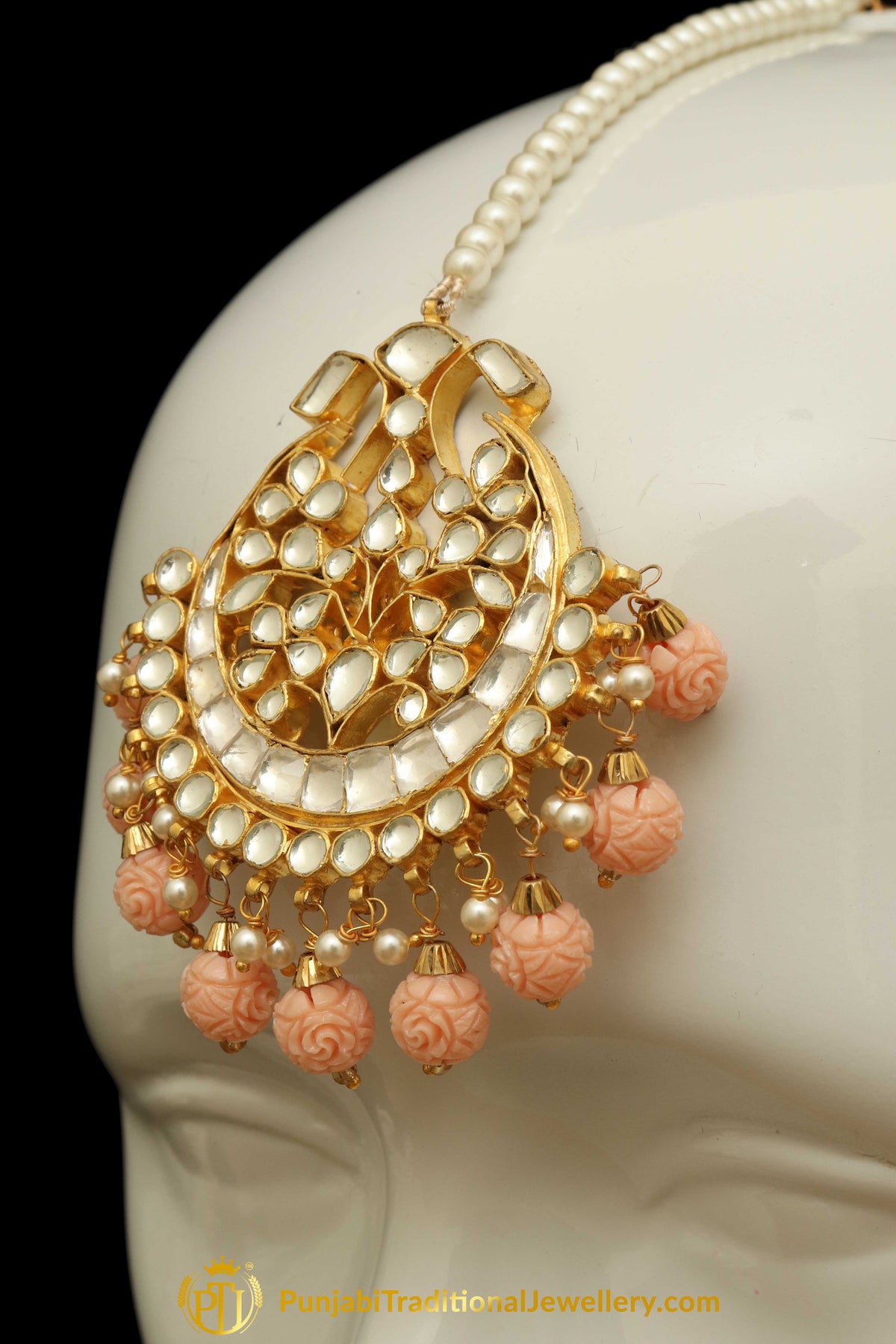 Hajjah Peach Kundan Earring Tikka Set | Punjabi Traditional Jewellery Exclusive