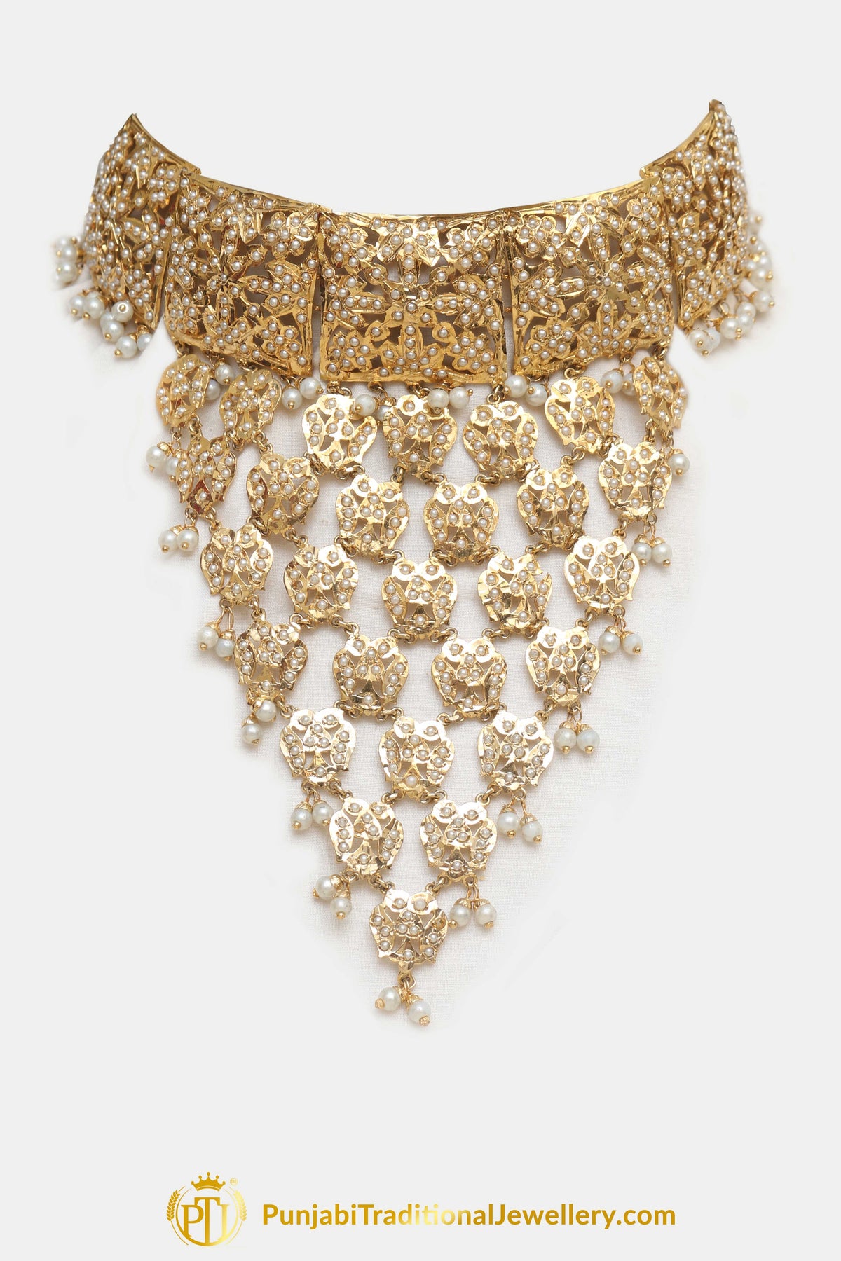 Golden Jadau Pearl Necklace Set By Punjabi Traditional Jewellery