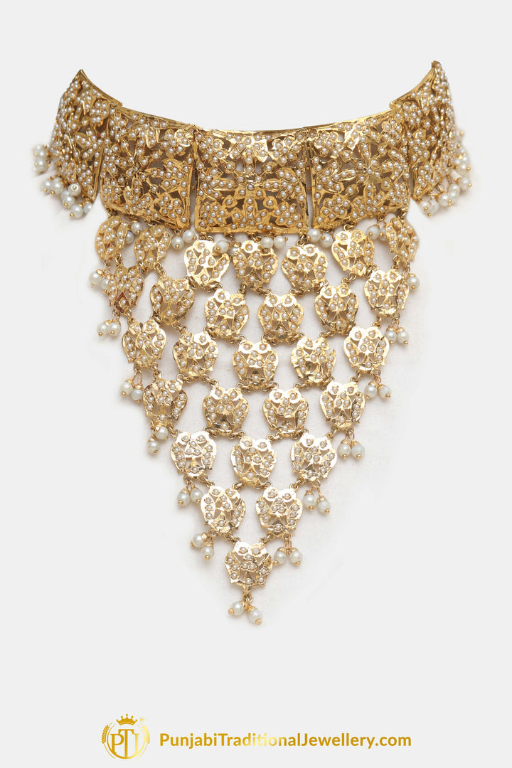 Golden Jadau Pearl Necklace Set By Punjabi Traditional Jewellery