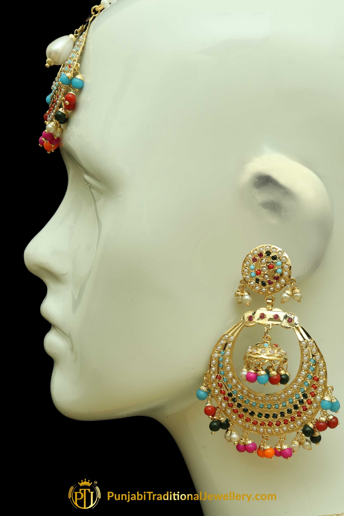 Multi Jadau Pearl Earring Tikka Set By Punjabi Traditional Jewellery