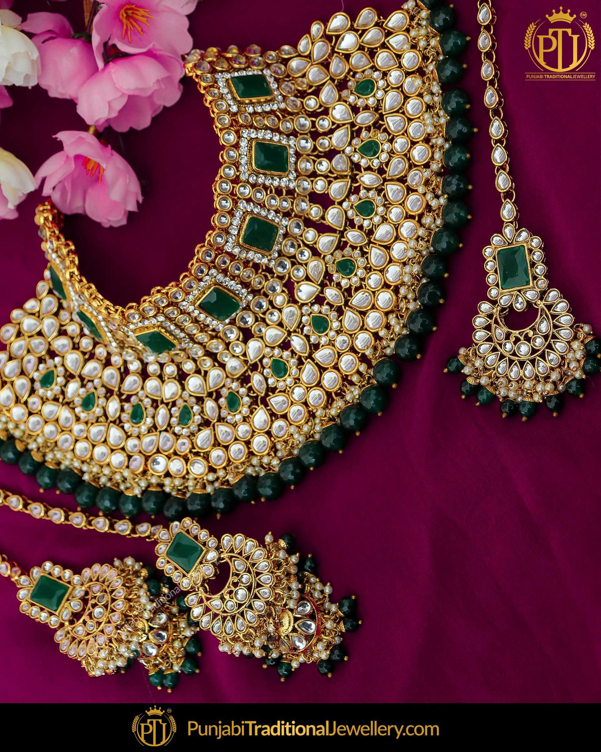 Gold Finished Emerald Kundan Pearl Choker Necklace Set | Punjabi Traditional Jewellery Exclusive