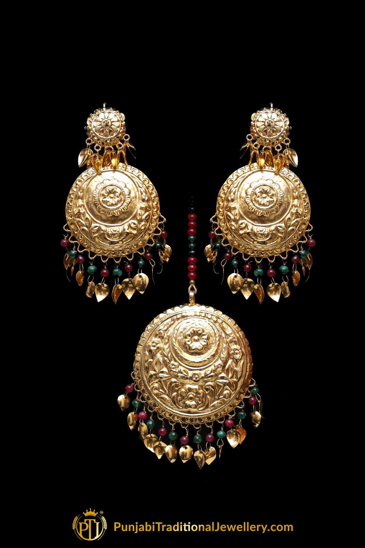 Red Green Pippal Patti Earring Tikka Set By Punjabi Traditional Jewellery
