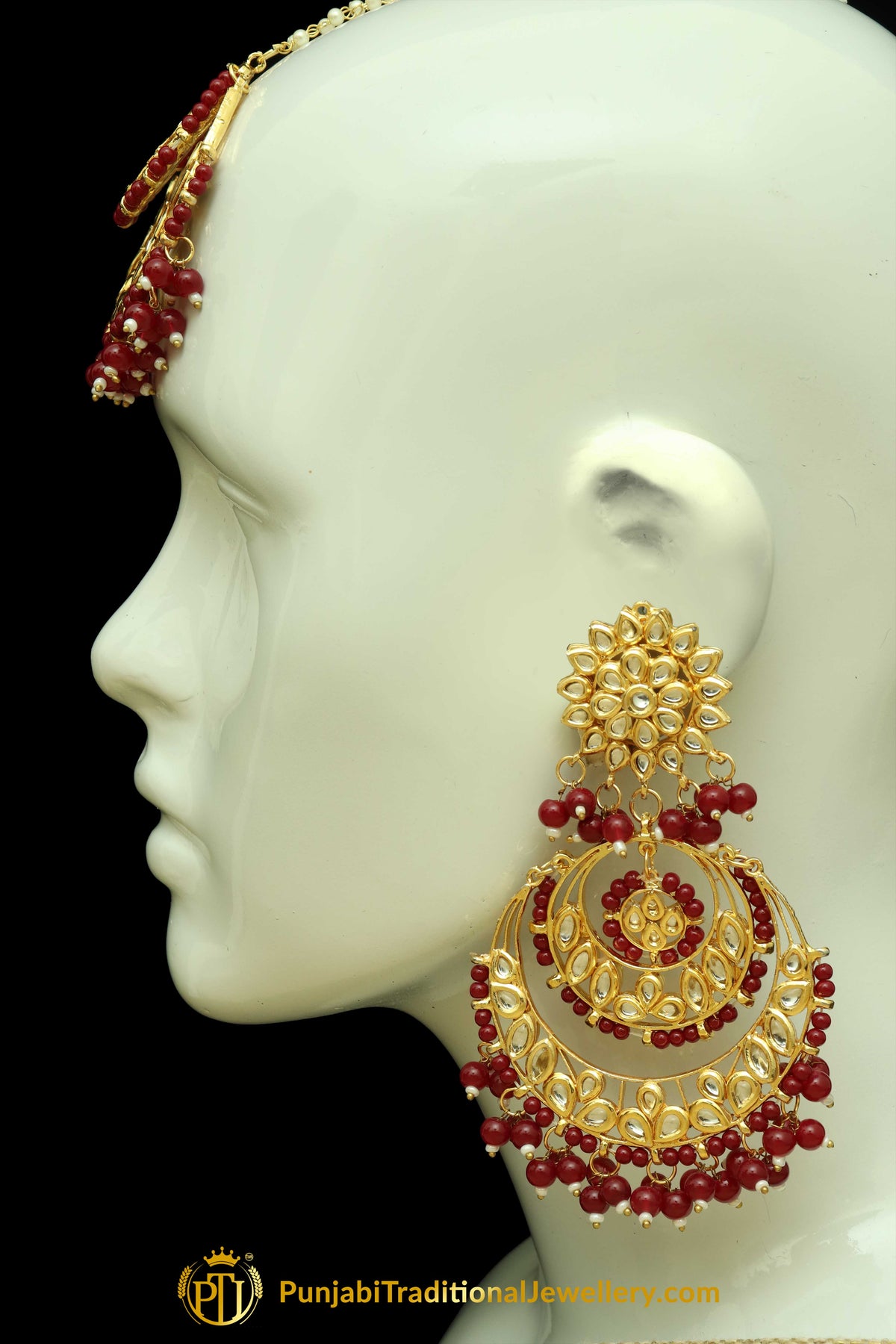 Rubby Kundan Earring Tikka Set By Punjabi Traditional Jewellery