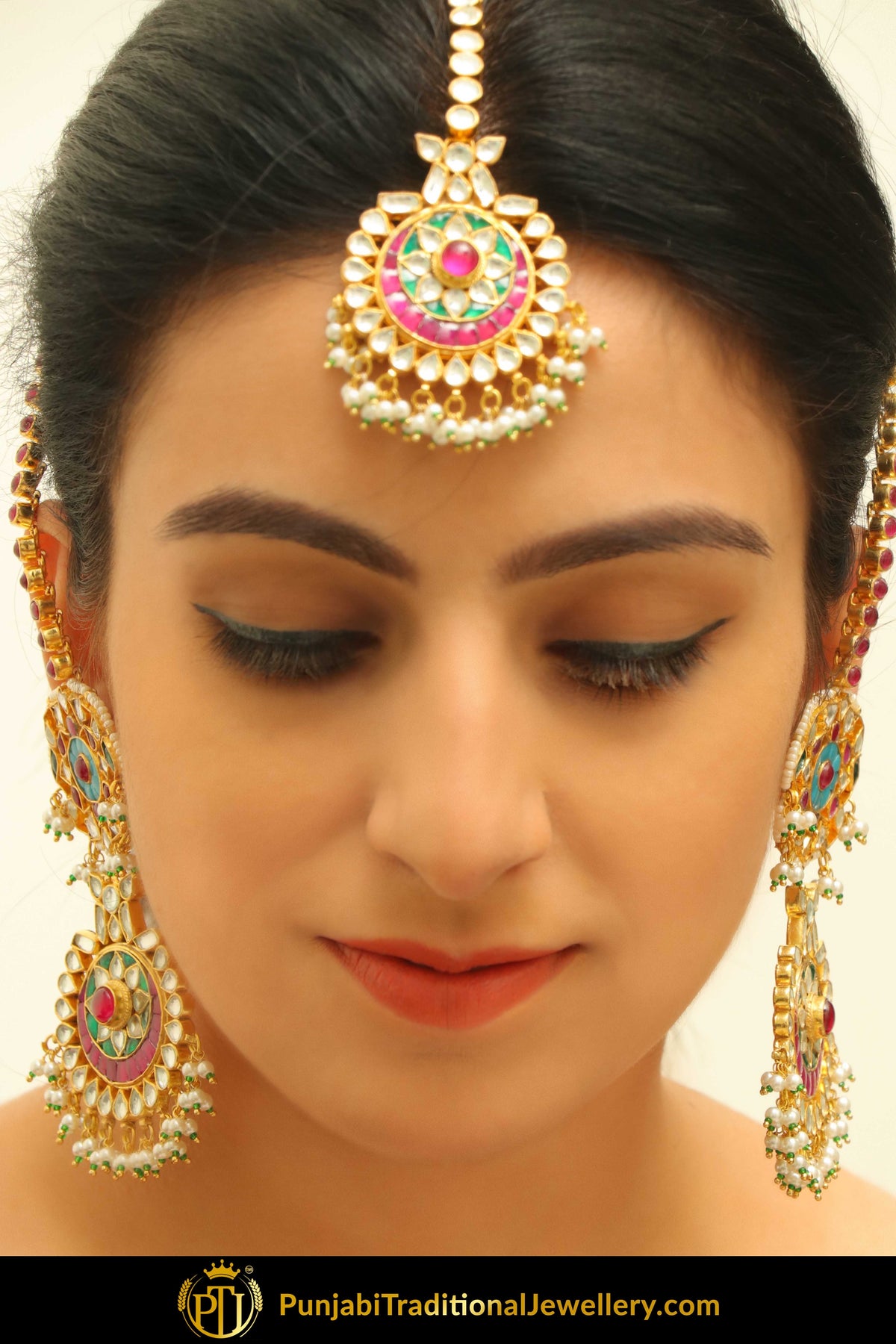 Adab Navratan Kundan Earrings with Sahare & Tikka Set | Punjabi Traditional Jewellery Exclusive
