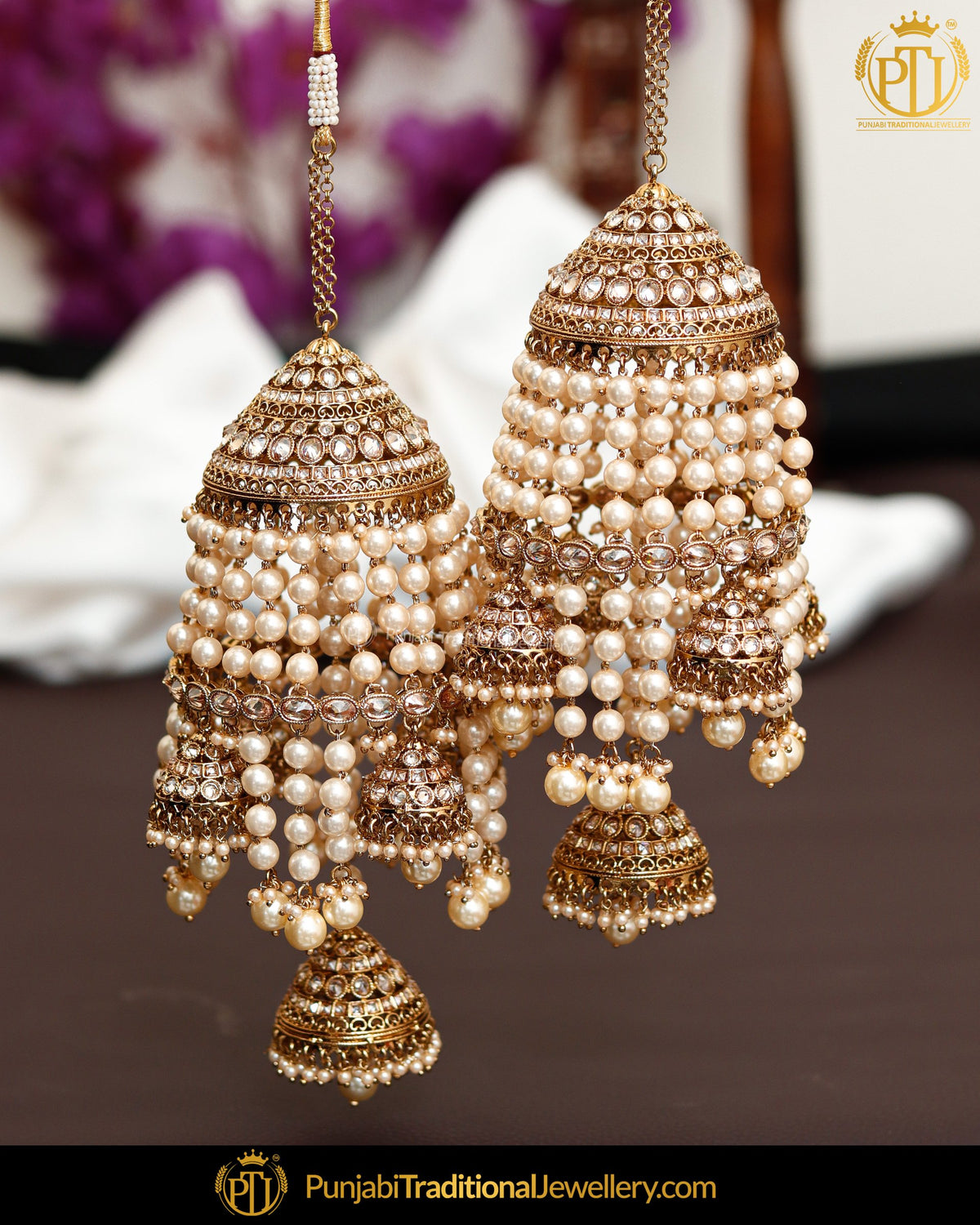 Gold Finished Champagne Stone Pearl With Jhumki Bridal Kalira
