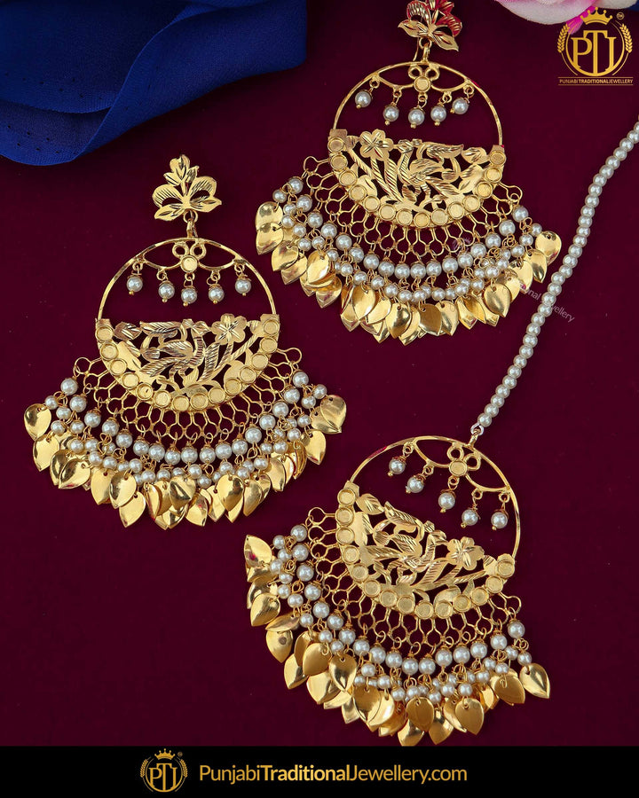 Gold Finished Pippal Patti Patra Pearl Earring Tikka Set | Punjabi Traditional Jewellery Exclusive