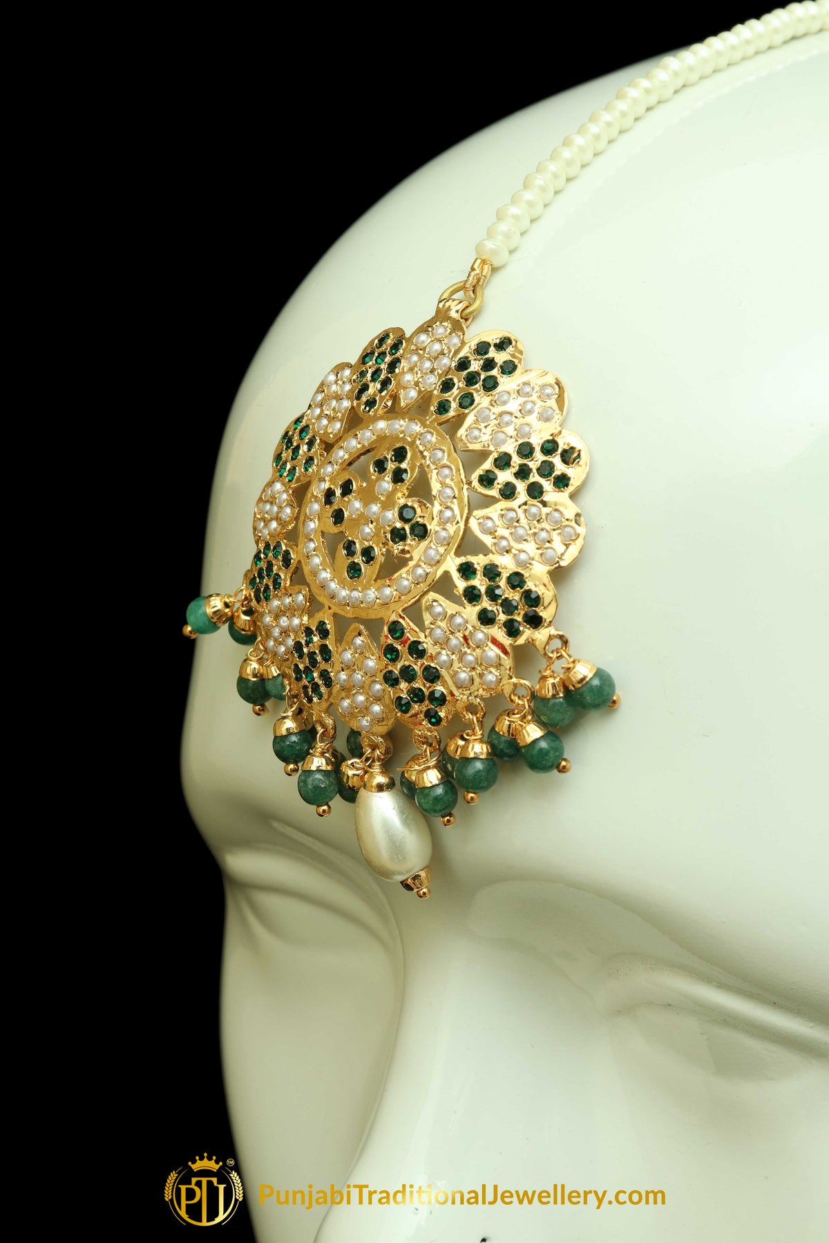 Green Jadau & Jhumki With Tikka Earrings By Punjabi Traditional Jewellery Earrings