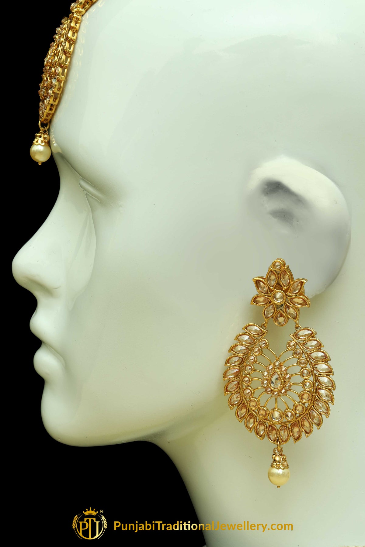 Polki Pearl Earrings Tikka Set By Punjabi Traditional Jewellery