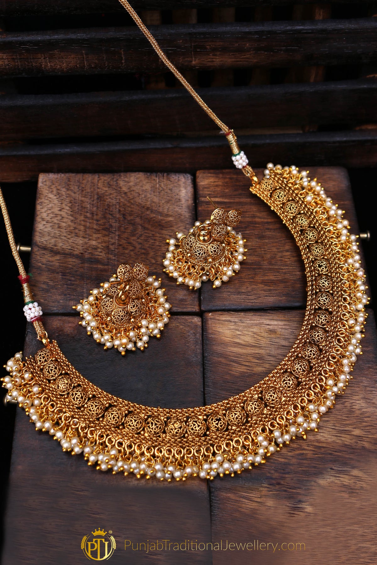 White Pearl Antique Gold Necklace Set By Punjabi Traditional Jewellery