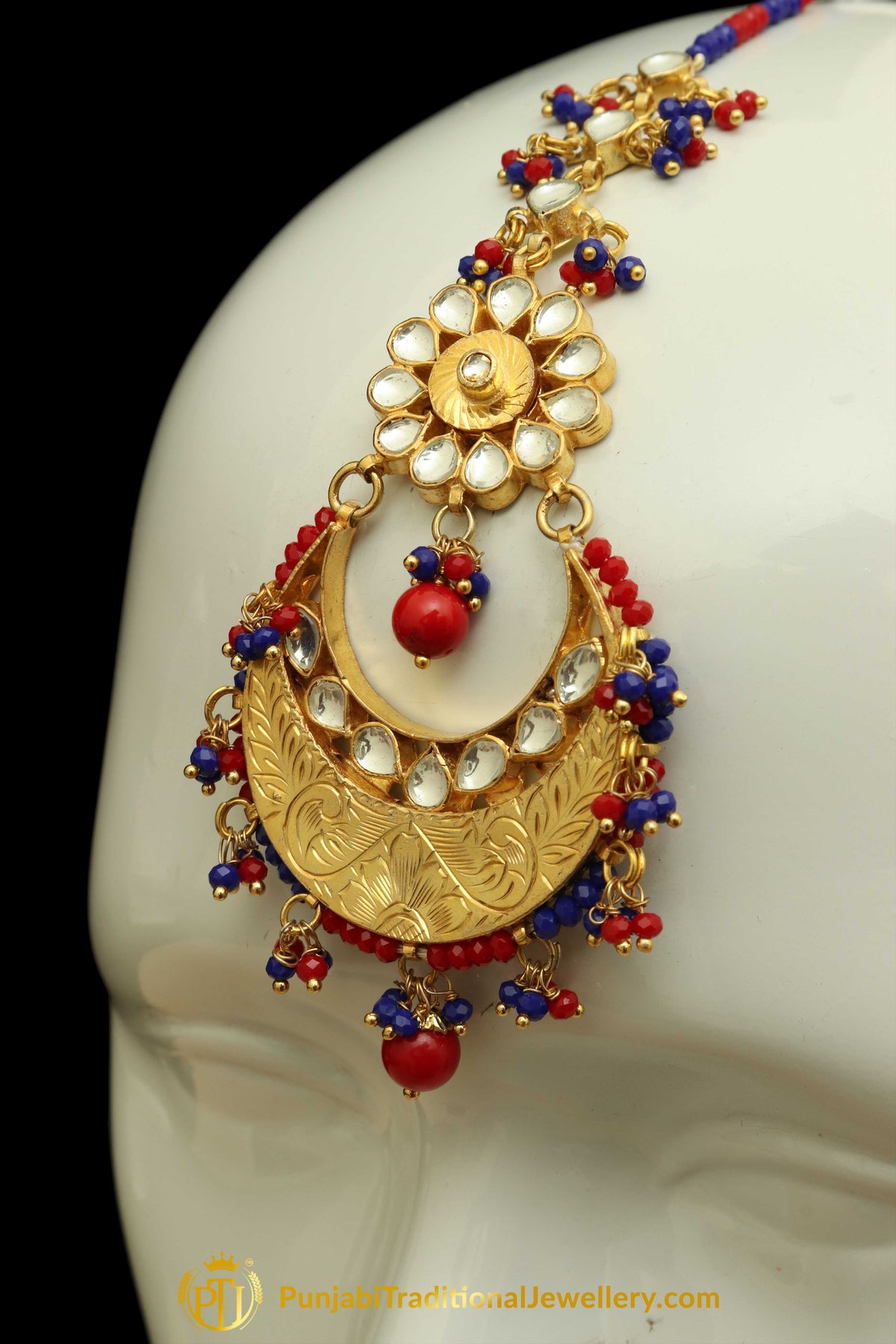Red Blue Gold Plated Kundan Earring Tikka Set | Punjabi Traditional Jewellery Exclusive