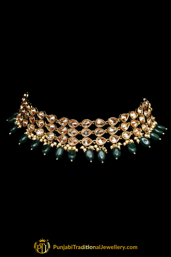 Green Champagne Stone Choker Necklace Set By Punjabi Traditional Jewellery