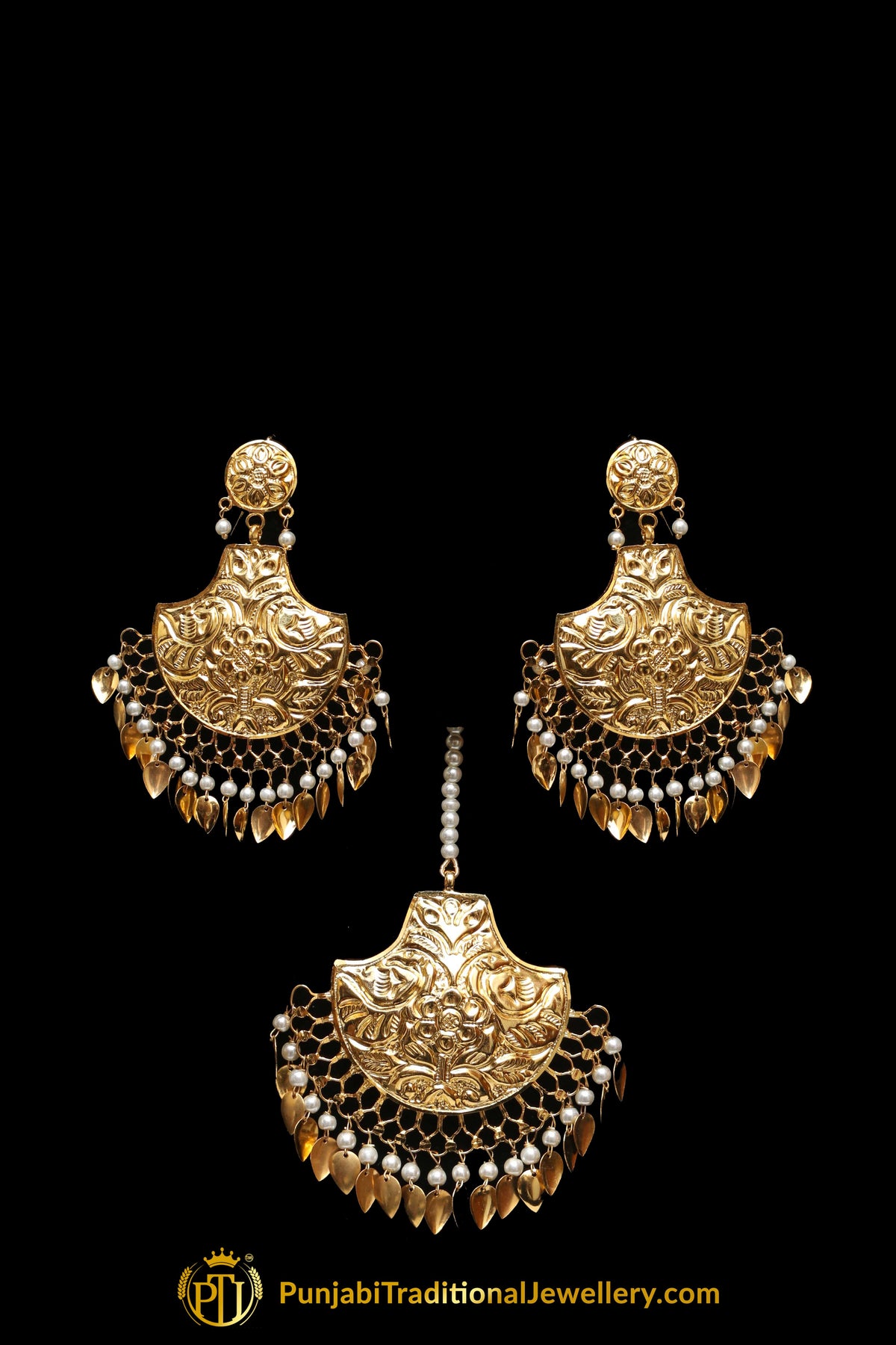 Golden Gold Plated Pippal Patti Earring Tikka Set By Punjabi Traditional Jewellery