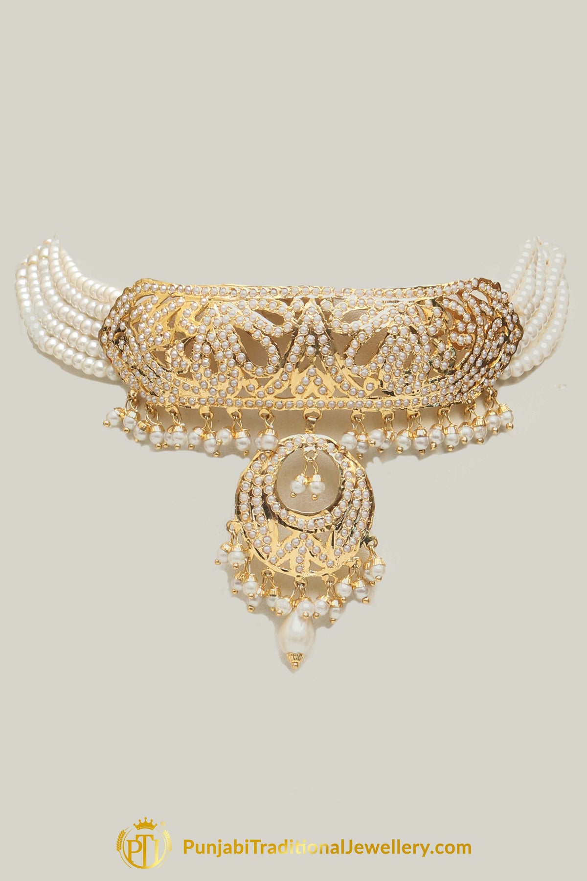 Jadau White Pearl Mala Necklace Set By Punjabi Traditional Jewellery
