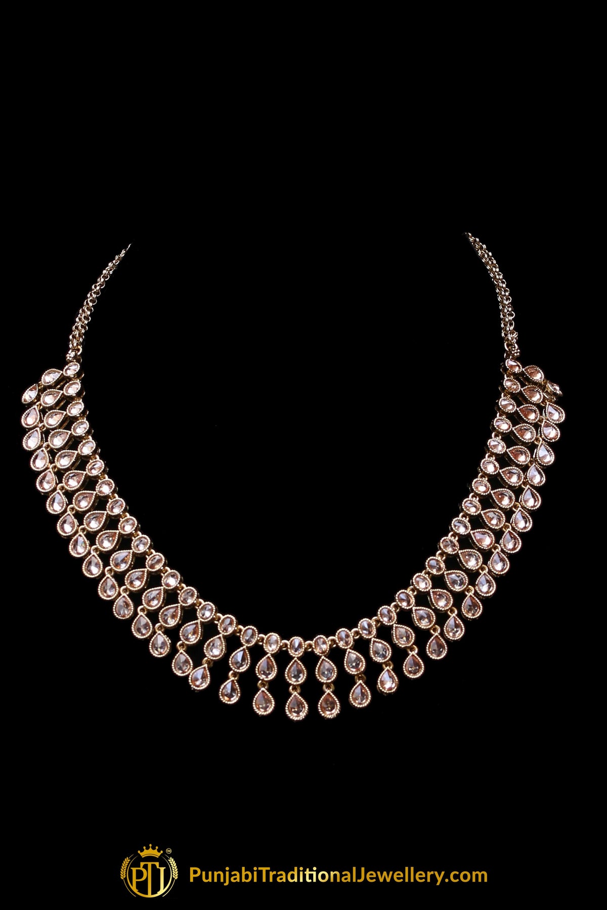 Golden Champagne Stone Necklace Set By Punjabi Traditional Jewellery