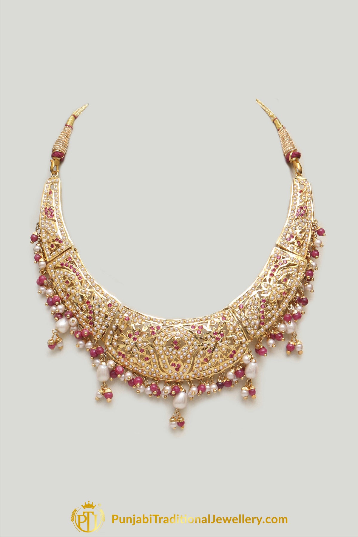 Red Jadau Pearl Necklace Set By Punjabi Taditional Jewellery